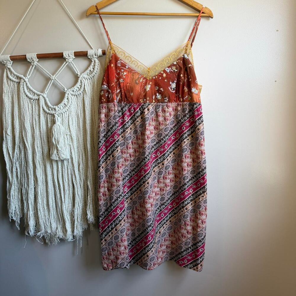 Cottagecore Patchwork Mini Slip Dress 90s Fairy Grunge L XL